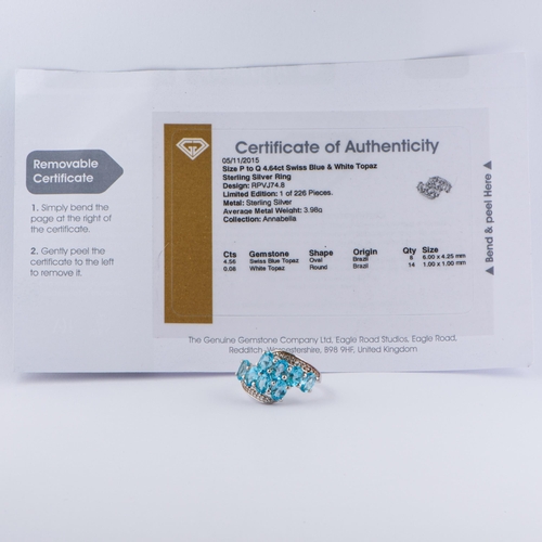 67 - 4.64 Ct Natural Swiss Blue Topaz and White Topaz Silver Ring, Silver 925, Limited Edition 1 of 226 P... 