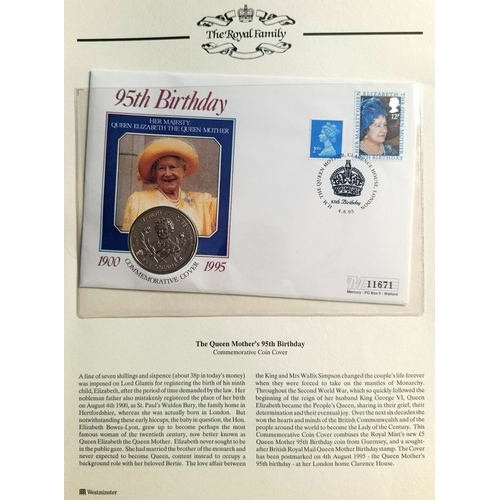 83 - The Royal Family '95th Birthday' Album Collection. Contains 7 Pages: Isle of Man (1 Crown Coin #0628... 