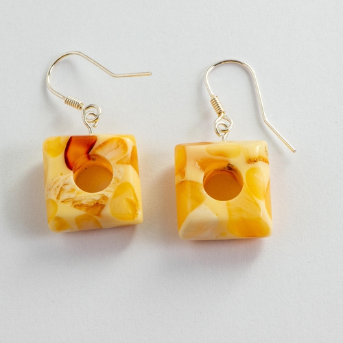 49 - Square Natural Baltic Amber Earrings with Silver Shepherds Crook Findings. Milky White, Yellow and O... 