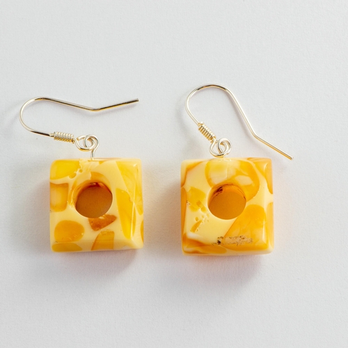 49 - Square Natural Baltic Amber Earrings with Silver Shepherds Crook Findings. Milky White, Yellow and O... 