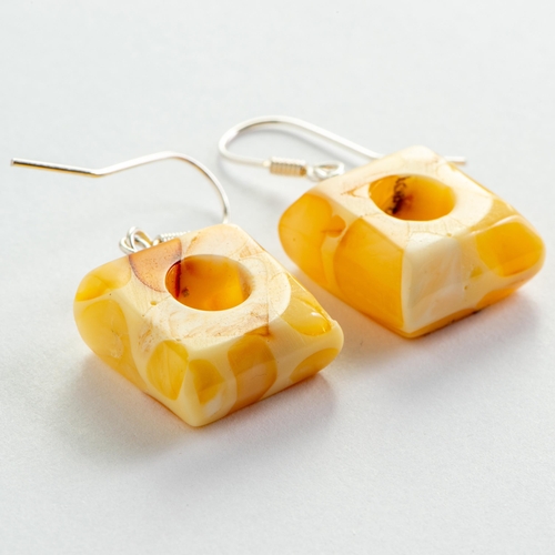 49 - Square Natural Baltic Amber Earrings with Silver Shepherds Crook Findings. Milky White, Yellow and O... 