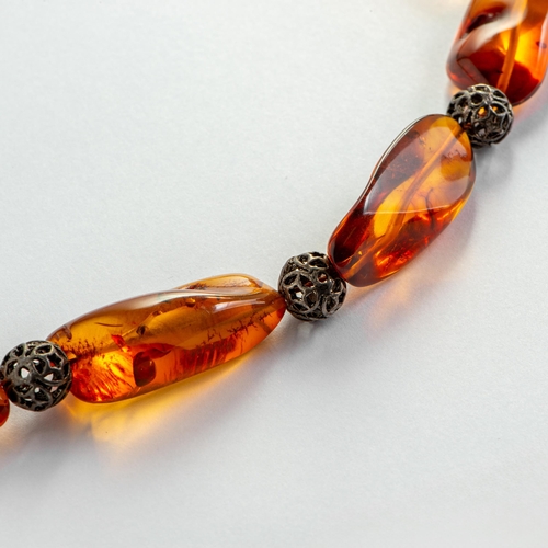 60 - Magnificent Transparent Natural Amber Necklace with Openwork Elements. Crystal clear Orange Amber wi... 