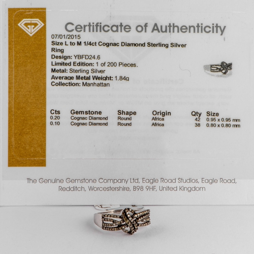 102 - 0.30 Ct Cognac Diamond Silver Ring, Silver 925, Limited Edition 1 of 200 Pieces, TGGC Certificate of... 