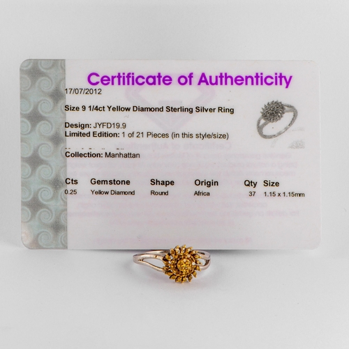 103 - 0.25 Ct Yellow Diamond Silver Ring, Silver 925, Limited Edition 1 of 21 Pieces, TGGC Certificate of ... 