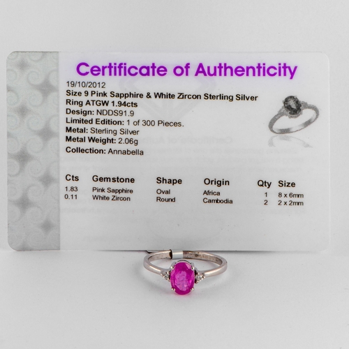 109 - 1.94 Ct Natural Pink Sapphire and White Zircon Silver Ring, Silver 925, Limited Edition 1 of 300 Pie... 