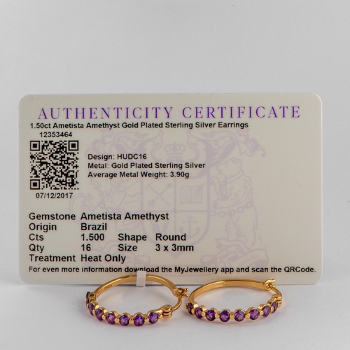 118 - 1.50 Ct Natural Ametista Amethyst Gold Plated Silver Earrings, Silver 925, TGGC Certificate of Authe... 