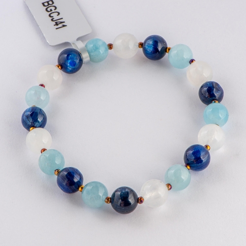 121 - 65 Ct Natural Aquamarine, Rainbow Moonstone and Daha Kyanite Gold Plated Silver Bracelet, Silver 925... 