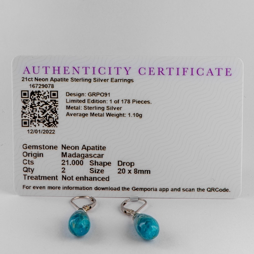 137 - 21 Ct Natural Neon Apatite Silver Earrings, Silver 925, Lever Clasps, TGGC Certificate of Authentici... 