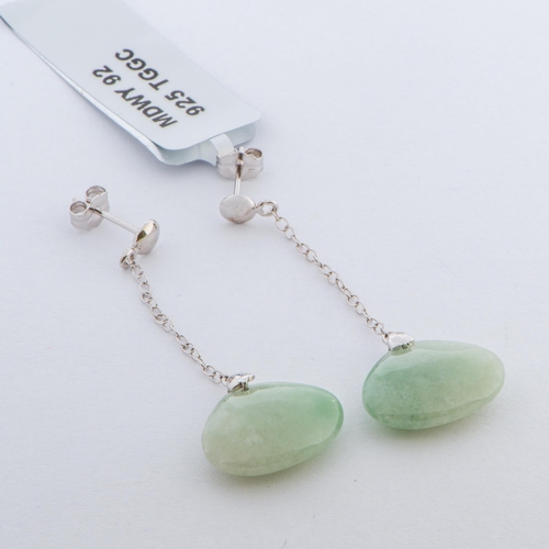 139 - 20.25 Ct Genuine Jade and Diamonds Silver Earrings Set, Sterling Silver, Butterfly Clasp, TGGC Certi... 