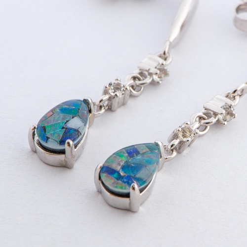 140 - Mosaic Opal and White Topaz Silver Earrings Set, Sterling Silver, Butterfly Clasp, TGGC Certificate ... 