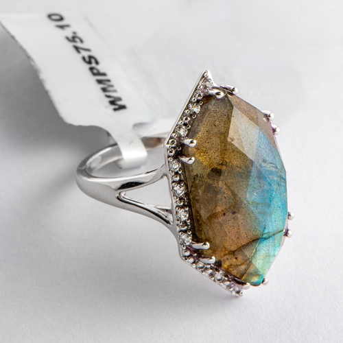 167 - 13.80 Ct Natural Labradorite and White Topaz Silver Ring, Silver 925, Limited Edition 1 of 99 Pieces... 