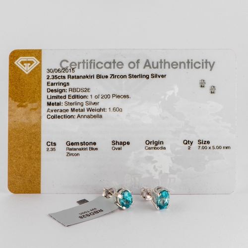 169 - 2.35 Ct Natural Ratankiri Blue Zircon Silver Earrings, Silver 925, Post Clasps, TGGC Certificate of ... 