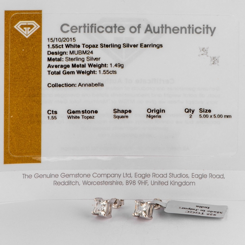 172 - 1.55 Ct Natural White Topaz Silver Earrings, Silver 925, Post Clasps, TGGC Certificate of Authentici... 