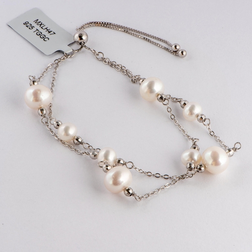 174 - Cultured Pearl Silver Slider Bracelet, Silver 925, Limited Edition 1 of 70 Pieces, TGGC Certificate ... 