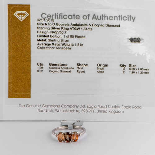 182 - 1.31 Ct Natural Gouveia Andalusite and Cognac Diamond Silver Ring, Silver 925, Limited Edition 1 of ... 