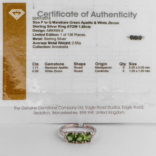 183 - 1.80 Ct Natural Green Apatite and White Zircon Silver Ring, Silver 925, Limited Edition 1 of 136 Pie... 