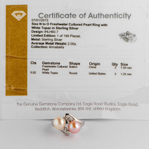 186 - Freshwater Cultured Pearl and White Topaz Silver Ring, Silver 925, Limited Edition 1 of 199 Pieces, ... 