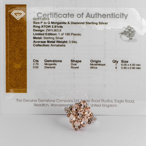 187 - 2.81 Ct Natural Morganite and Diamond Silver Ring, Silver 925, Limited Edition 1 of 186 Pieces, TGGC... 