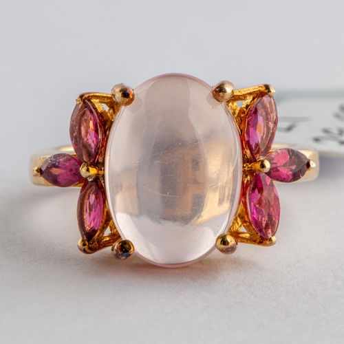 192 - 6.87 Ct Natural Rose Quartz and Pink Tourmaline Gold Plated Silver Ring, Silver 925, Limited Edition... 