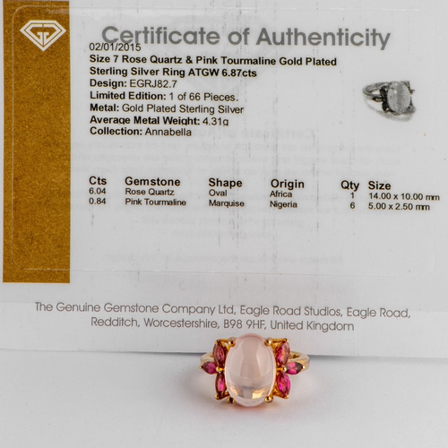 192 - 6.87 Ct Natural Rose Quartz and Pink Tourmaline Gold Plated Silver Ring, Silver 925, Limited Edition... 