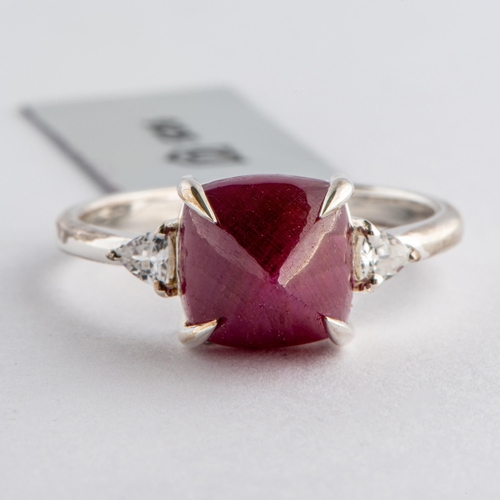 194 - 6.56 Ct Natural Sugarloaf Cut Ruby and White Zircon Silver Ring, Silver 925, Limited Edition 1 of 99... 