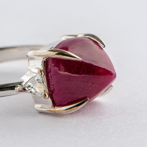 194 - 6.56 Ct Natural Sugarloaf Cut Ruby and White Zircon Silver Ring, Silver 925, Limited Edition 1 of 99... 