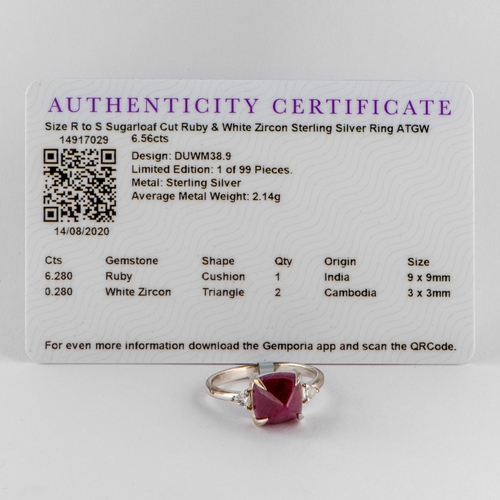 194 - 6.56 Ct Natural Sugarloaf Cut Ruby and White Zircon Silver Ring, Silver 925, Limited Edition 1 of 99... 