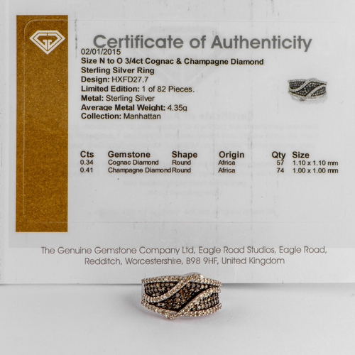 195 - 0.75 Ct Cognac and Champagne Diamonds Silver Ring, Silver 925, Limited Edition 1 of 82 Pieces, TGGC ... 