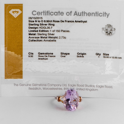 197 - 8.92 Ct Natural Rose de France Amethyst Silver Ring, Silver 925, Limited Edition 1 of 150 Pieces, TG... 