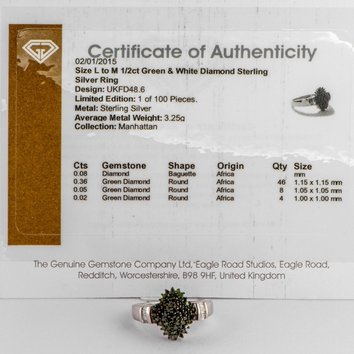 21 - 1/2 Ct Green and White Diamond Silver Ring, Silver 925, Limited Edition 1 of 100 Pieces, TGGC Certif... 