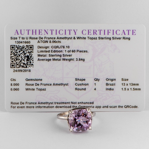 214 - 8.06 Ct Natural Rose de France Amethyst Silver Ring, Silver 925, Limited Edition 1 of 60 Pieces, TGG... 