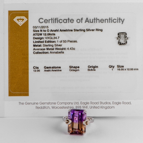 22 - 12.06 Ct Anahi Ametrine Silver Ring, Silver 925, Limited Edition 1 of 50 Pieces, TGGC Certificate of... 