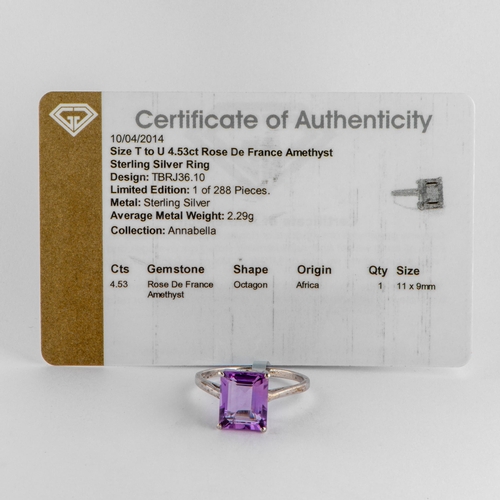 222 - 4.53 Ct Natural Rose de France Amethyst Silver Ring, Silver 925, Limited Edition 1 of 288 Pieces, TG... 