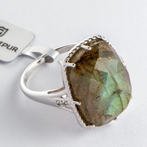 229 - 16 Ct Natural Labradorite and White Topaz Silver Ring, Silver 925, Limited Edition 1 of 100 Pieces, ... 