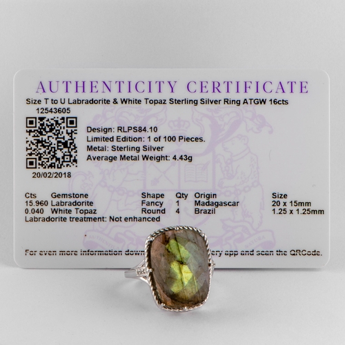 229 - 16 Ct Natural Labradorite and White Topaz Silver Ring, Silver 925, Limited Edition 1 of 100 Pieces, ... 