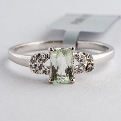 230 - 1.38 Ct Natural Green Kunzite and White Topaz Silver Ring, Silver 925, Limited Edition 1 of 86 Piece... 