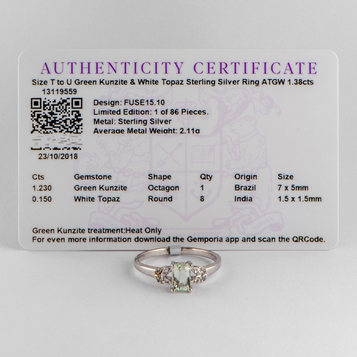 230 - 1.38 Ct Natural Green Kunzite and White Topaz Silver Ring, Silver 925, Limited Edition 1 of 86 Piece... 