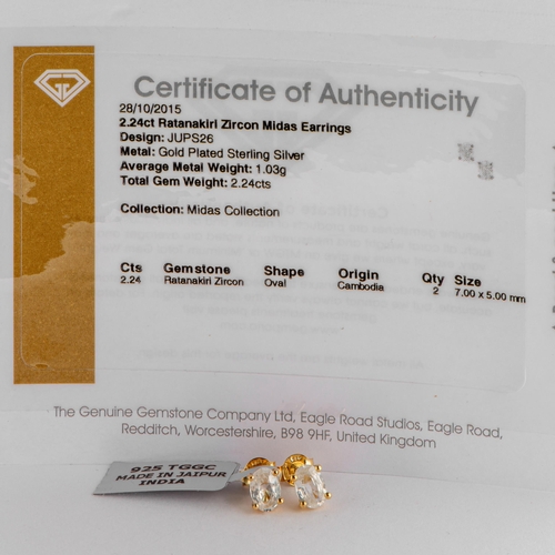 252 - 2.24 Ct Natural Ratanakiri Zircon Midas Gold Plated Silver Earrings, Silver 925, TGGC Certificate of... 