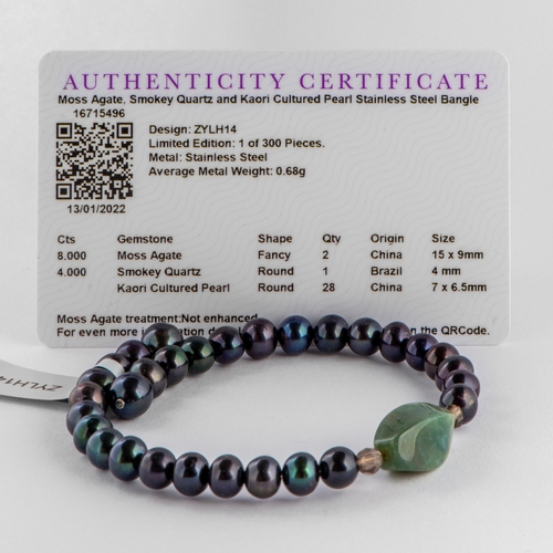 273 - Moss Agate, Smokey Quartz and Kaori Cultured Pearl Stainless Steel Bracelet, Silver 925, TGGC Certif... 