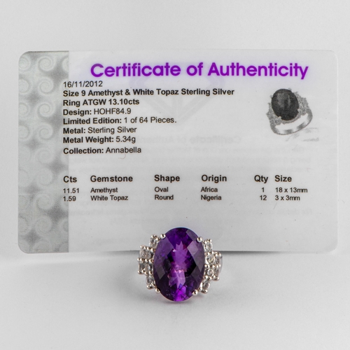 86 - 13.10 Ct Natural Amethyst and White Topaz Silver Ring, Silver 925, Limited Edition 1 of 64 Pieces, T... 