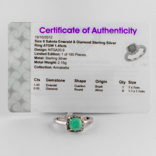 98 - 1.45 Ct Natural Sakota Emerald and Diamond Silver Ring, Silver 925, Limited Edition 1 of 180 Pieces,... 