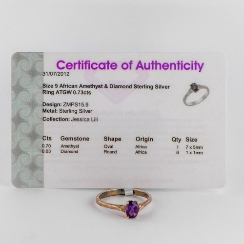 99 - 0.73 Ct Natural African Amethyst and Diamond Silver Ring, Silver 925, TGGC Certificate of Authentici... 