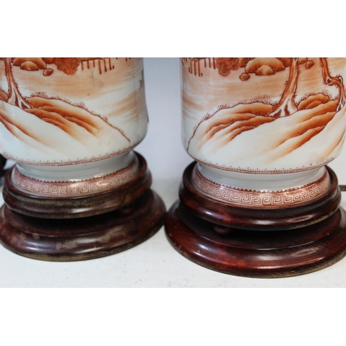 20233 - Pair of Chinese Coral Red Decorated Porcelain Vase Lamp Size:(Total Height with stand and pole 70cm,... 