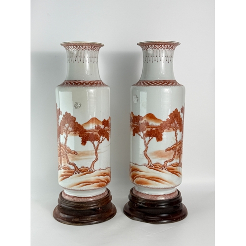 20233 - Pair of Chinese Coral Red Decorated Porcelain Vase Lamp Size:(Total Height with stand and pole 70cm,... 