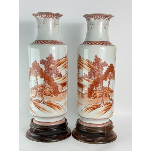 20233 - Pair of Chinese Coral Red Decorated Porcelain Vase Lamp Size:(Total Height with stand and pole 70cm,... 