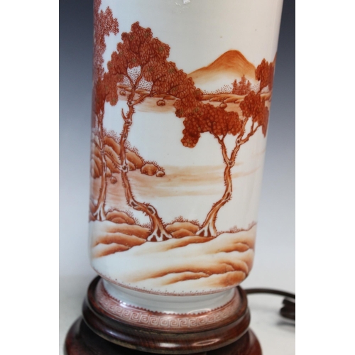 20233 - Pair of Chinese Coral Red Decorated Porcelain Vase Lamp Size:(Total Height with stand and pole 70cm,... 