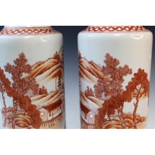 20233 - Pair of Chinese Coral Red Decorated Porcelain Vase Lamp Size:(Total Height with stand and pole 70cm,... 