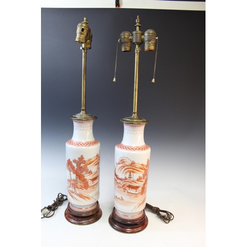 20233 - Pair of Chinese Coral Red Decorated Porcelain Vase Lamp Size:(Total Height with stand and pole 70cm,... 