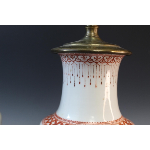 20233 - Pair of Chinese Coral Red Decorated Porcelain Vase Lamp Size:(Total Height with stand and pole 70cm,... 