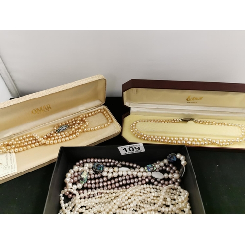 109 - Box of Real Pearl Necklaces & 2 Cased Simulated Pearl Necklaces